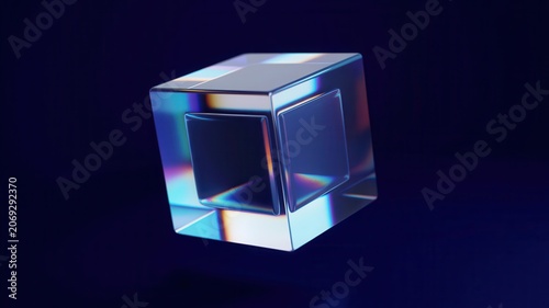 Abstract 3d glass cube with prismatic light refraction