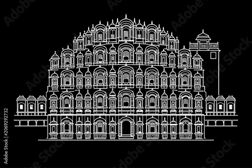 Vászonkép Hawa Mahal White Line Art Vector Illustration on Black Background, Detailed Arch