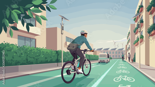 Commuter riding electric bicycle in smart city – Perfect for urban mobility marketing, e-bike promotions, or green transportation articles.