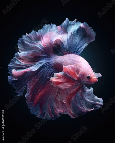 Vibrant betta fish with flowing fins, showcasing pink and blue hues against a black backdrop