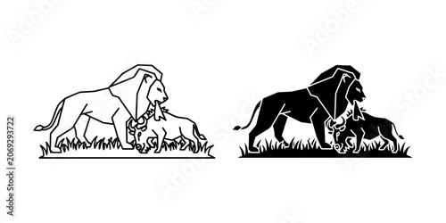 Geometric lion standing in grassland illustration set with wildlife geometric minimalist silhouette predator creature grassland landscape