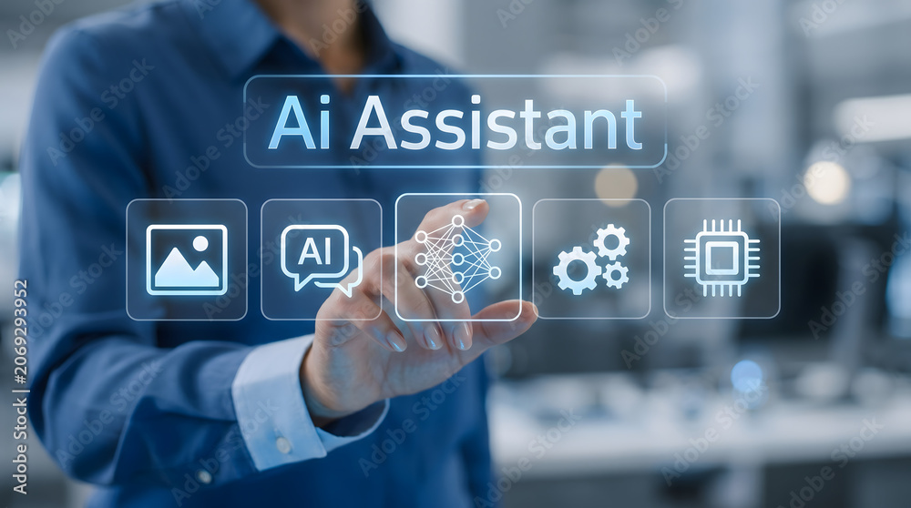 Fototapeta premium Businessman interacts with ai assistant interface in office