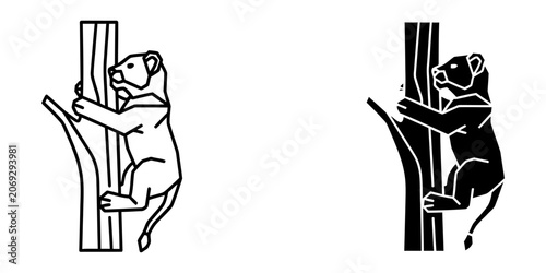 Lion cub climbing a tree silhouette and line icon with climbing wildlife silhouette isolated predator illustration minimalist