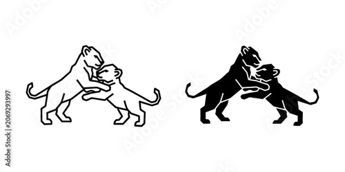 Two playing lion cubs silhouette and line art icons with fighting wildlife silhouette isolated predator interaction illustration minimalist