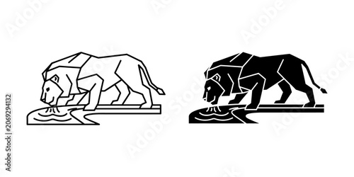 Lion drinking from a water pool minimalist vector illustration with big cat drinking hole wildlife silhouette minimalist predator