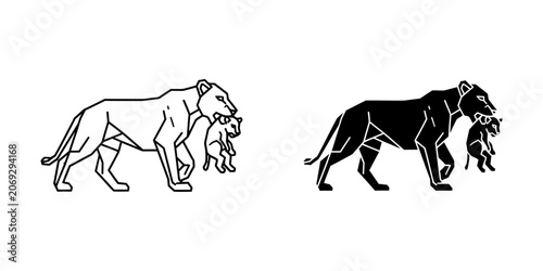Lioness carrying a cub vector illustration set with big cat carrying wildlife silhouette minimalist graphics illustration wilderness savannah