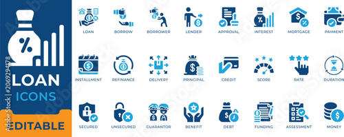 Photos Loan Mortgage Credit Debt Finance Banking Icon Set - editable vectors for  borrowing, interest calculation, and financial funding