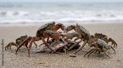 Several shore crabs feeding on fish carcass on sandy beach area with soft ocean waves blurred in background scene.