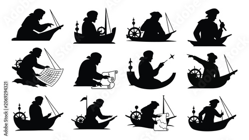 Bild auf Leinwand Silhouettes of people in boats engaged in various activities like reading writin