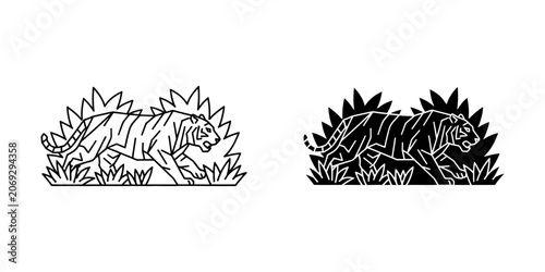 Tiger prowling in grass vector graphic with wildlife predator illustration minimalist silhouette creature strength isolated