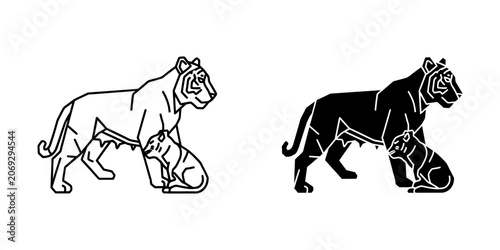 Tiger mother and cub walking together vector icon with wildlife predator illustration nurturing together protection silhouette monochrome