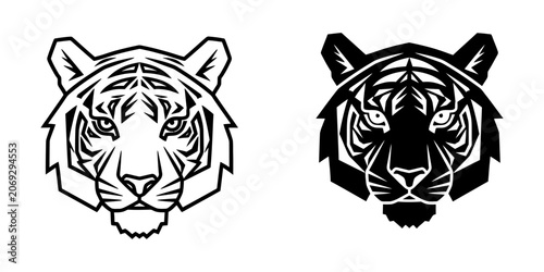 Tiger head mascot logo design in black and white with predator wildlife portrait aggressive strength monochrome silhouette minimalist character