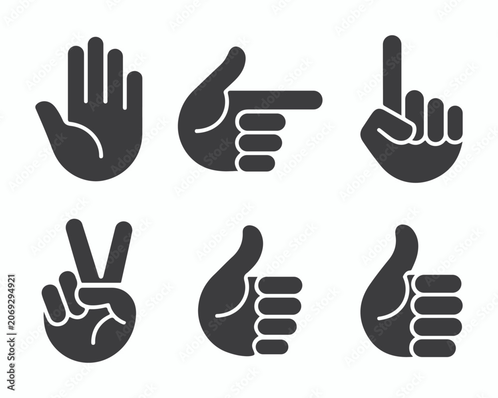 Fototapeta premium Minimalist Hand Gestures Icon Set with Thumbs Up Pointing and Peace Sign Black Silhouettes
