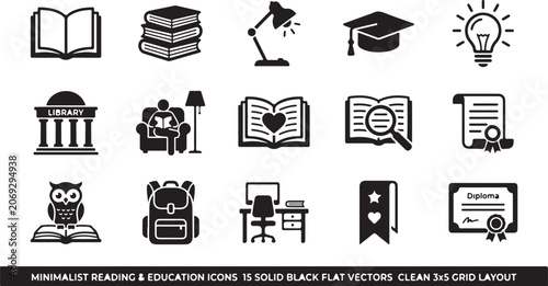 Set of fifteen minimalist black vector icons representing education and reading concepts arranged in a clean organized grid layout design