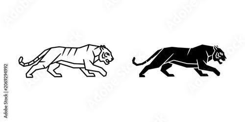 Stalking tiger icon in minimalist line art style with big cat black and white stalking predator silhouette illustration creature minimalist