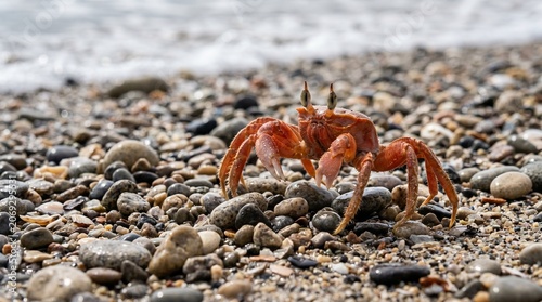 Konstfotografi Vibrant red crab standing on pebble beach with ocean waves in background during bright daylight at shore coastal