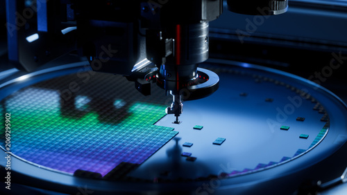 Computer Chips are being Extracted by a Pick and Place Machine from a Wafer and Attached to a Substrate. Microchip Manufacturing at a Factory. Close-up of Semiconductor Packaging Process.