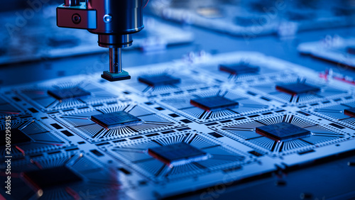 Close-up of Silicon Dies Attached to Substrate on During Microchip Production Process at a Semiconductor Factory. Computer Chip Manufacturing at a Fab.