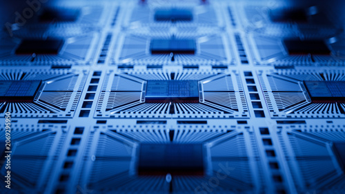 Silicon Dies Attached to Substrate on During Microchip Production Process at a Semiconductor Factory. Computer Chip Manufacturing at a Fab.
