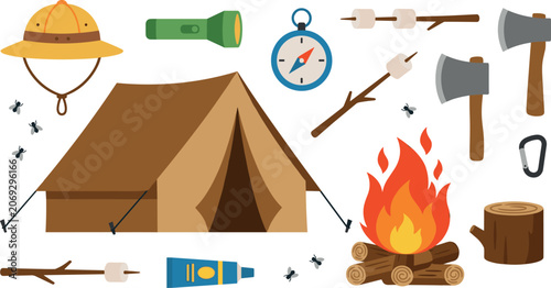 Konstfotografi Outdoor Camping Gear and Wilderness Survival Vector Set with Tent, Campfire, Pit