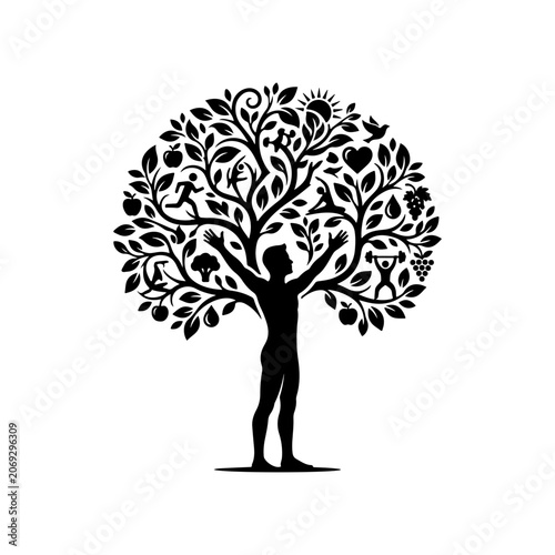Tree of Life Silhouette, Human Figure Vector, Black Leafy Branches Illustration, Nature Symbol