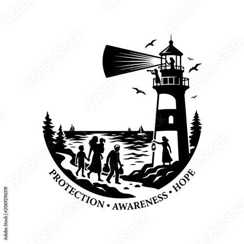 Lighthouse vector icon, protection awareness hope symbol, black silhouette illustration, coastal safety beacon