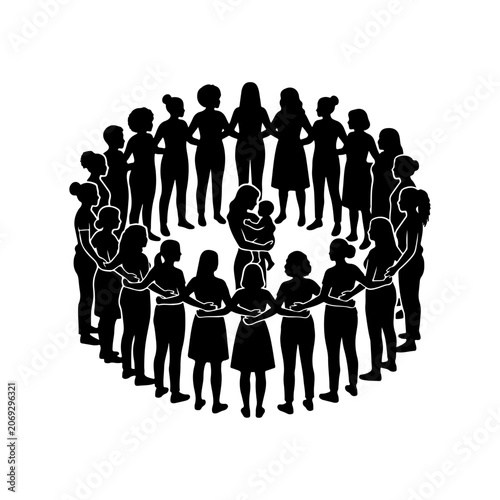 Diverse people, community circle, unity silhouettes, teamwork vector
