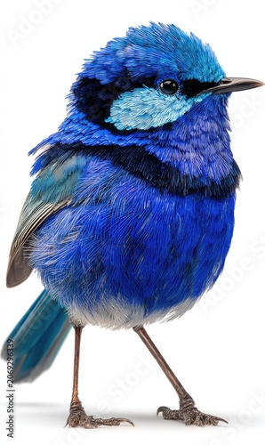 Vibrant blue bird, profile view, white background