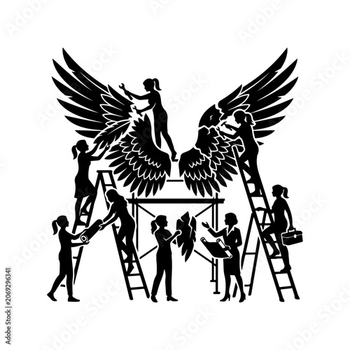 Black silhouette illustration, teamwork concept, winged statue construction, workers on ladders, teamwork and collaboration