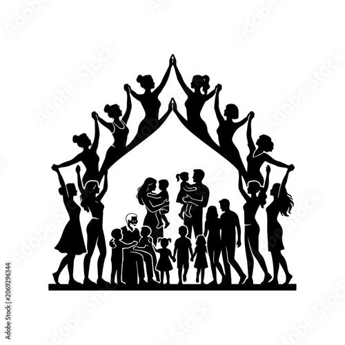 Black silhouette family, people icons, diverse group, family unity, vector graphics