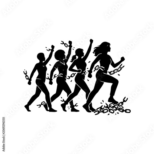 Empowerment, freedom, women breaking chains, silhouettes, black