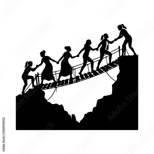 Teamwork, unity, and support concept, silhouette of people holding hands on a bridge, black teamwork icons, vector illustration
