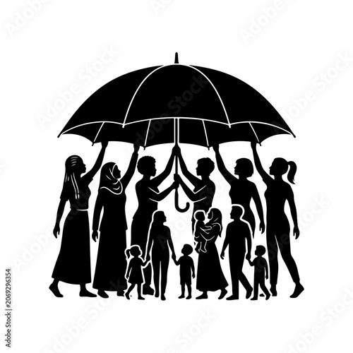 Diverse family, people under umbrella, black silhouette, protection concept, family unity, vector icons