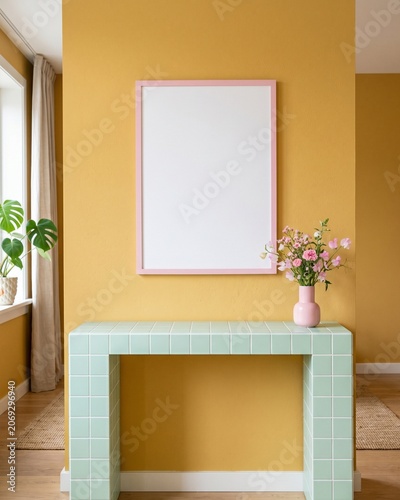 Blank pink frame mockup on yellow wall above green tiled console table
