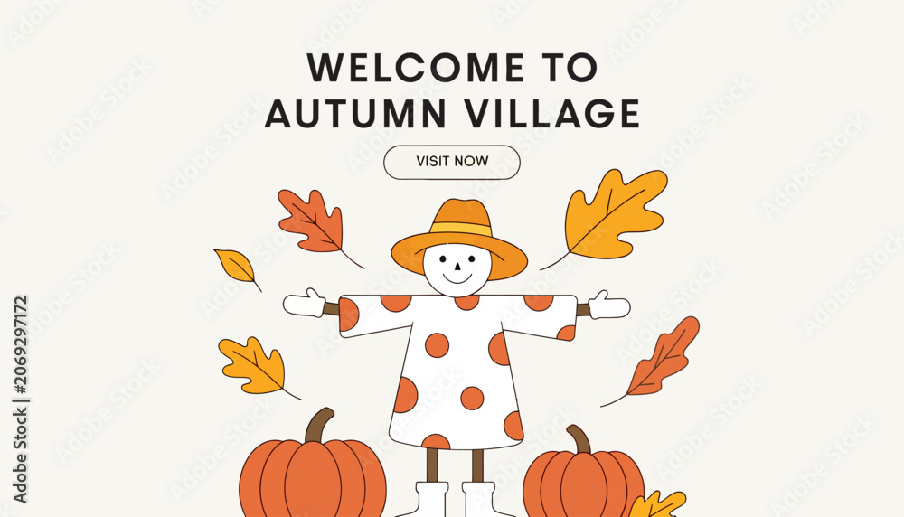 Fototapeta premium Friendly scarecrow welcomes visitors to a charming autumn village with pumpkins and falling leaves.