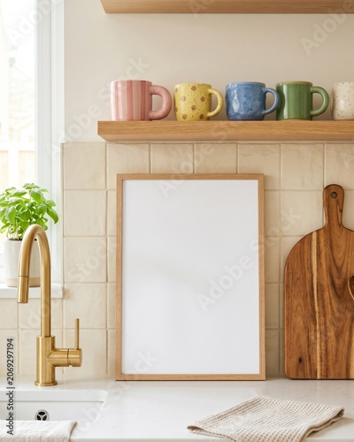 Blank wood frame mockup in bright kitchen with gold faucet and colorful pastel mugs