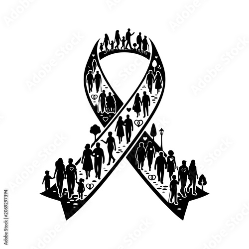 Awareness ribbon, people silhouettes, black vector icon, social cause symbol, illustration