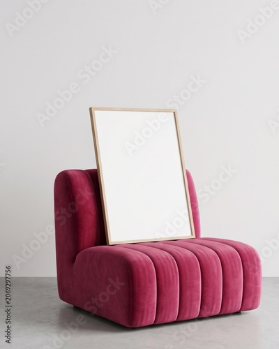 Blank wood frame mockup resting on deep pink ribbed lounge chair