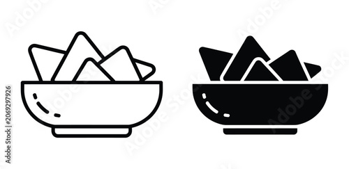 Foto Nachos bowl icon set, tortilla chips and dip sauce symbols, Mexican food menu outline and solid glyph style, snack and appetizer illustration elements, restaurant UI vector design