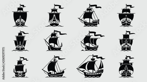 Cuadro en lienzo Black and white vintage ship icons set with sailboats