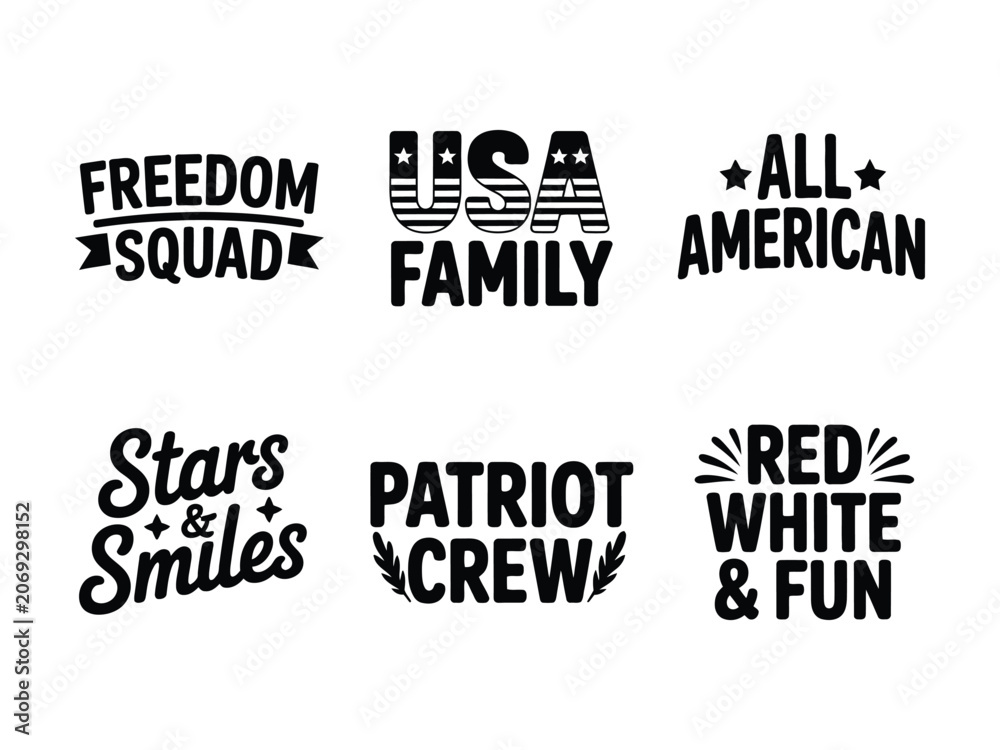 Fototapeta premium Patriotic slogans and phrases for independence day celebrations and american culture various typography designs