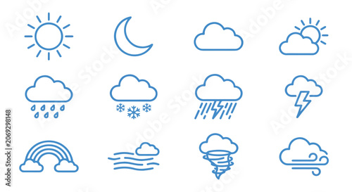 Set of twelve blue weather icon elements featuring meteorological symbols in a clean modern vector illustration style