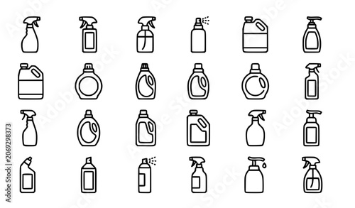 Cleaning spray, detergent, and liquid bottle line icons set