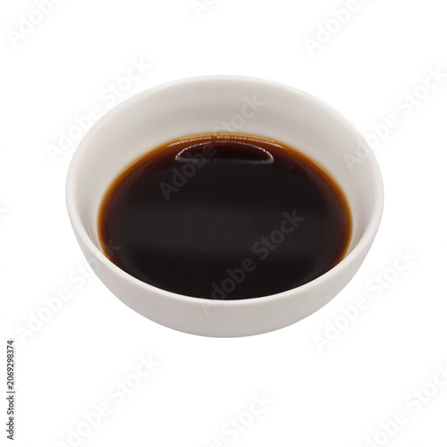 Bowl of dark soy sauce isolated on transparent background for dipping and cooking, food ingredient