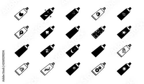 Cuadro en lienzo Toothpaste tubes with various dental care and oral hygiene icons set