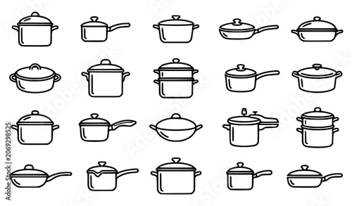 Принти на полотні Pot, pan, and cookware line icons set