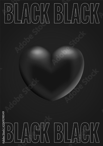 Dark heart typography poster with 3d black hearts on dark background. Vector illustration.