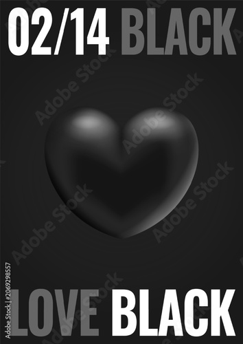 Dark heart typography poster with 3d black hearts on dark background. Vector illustration.