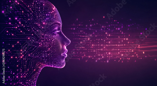 Futuristic artificial intelligence concept featuring a glowing digital human face formed by neural network connections, data streams, and circuit pathways. Abstract visualization of machine learning.