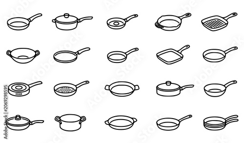 Pan, frying pan and kitchen cookware line icons set